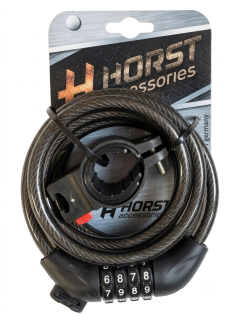 Замок велосипедный HORST тросовый, 10х1200мм, кодовый, крепление к раме, черный