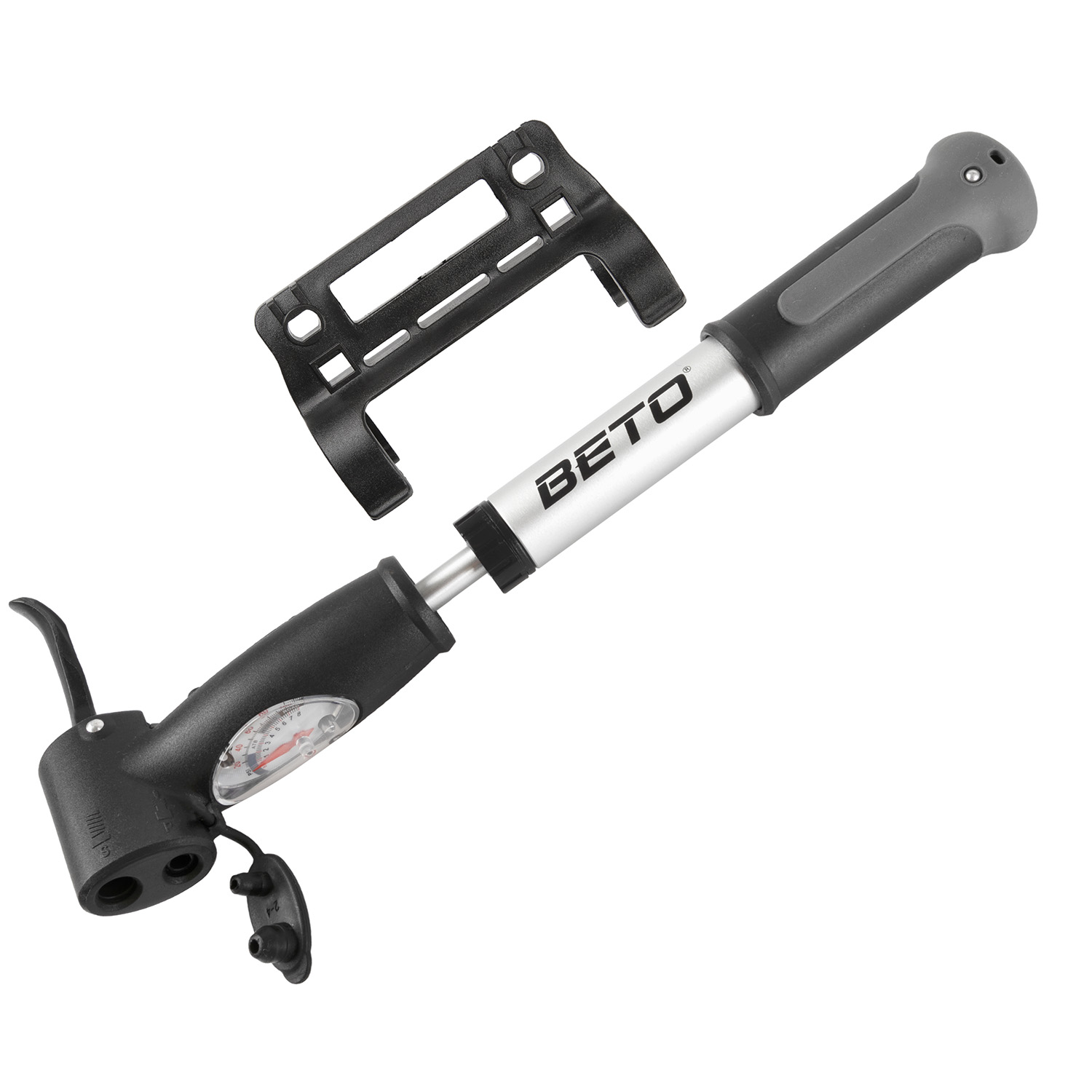 Насос велосипедный BETO DOUBLE-HXS, алюминий, универс. головка, до 120PSI, с манометром